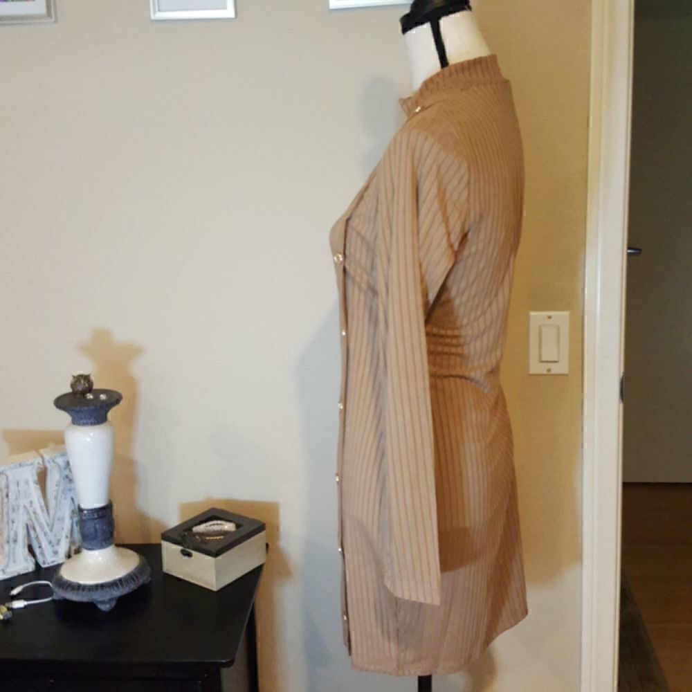  Ribbed Knit Mock Neck Fitted Dress M side button detail - Picture 8 of 13